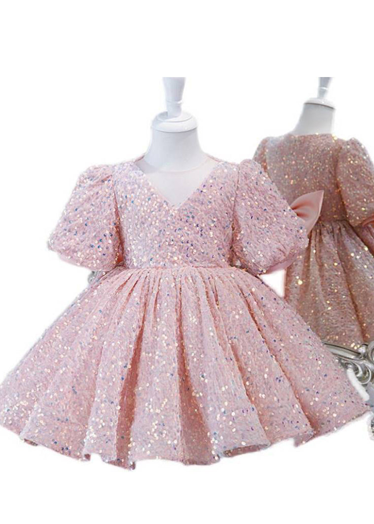 Lovely Pink Sequins Tulle Girls Long Dress Lantern Sleeve YS024