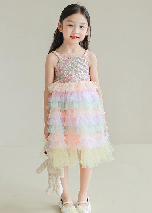 Lovely Rainbow Sequins Tulle Patchwork Girls Spaghetti Strap Dress Sleeveless TT024