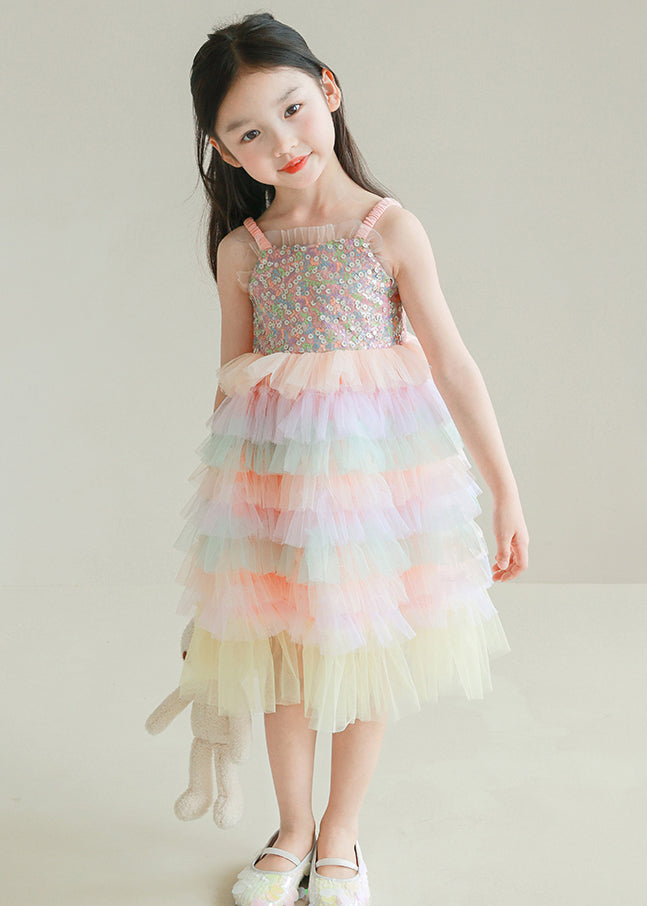 Lovely Rainbow Sequins Tulle Patchwork Girls Spaghetti Strap Dress Sleeveless TT024