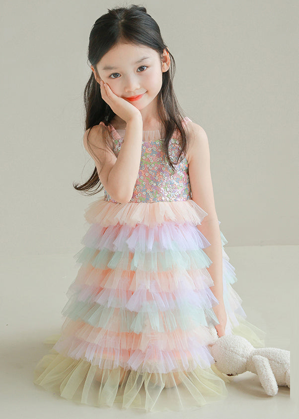 Lovely Rainbow Sequins Tulle Patchwork Girls Spaghetti Strap Dress Sleeveless TT024