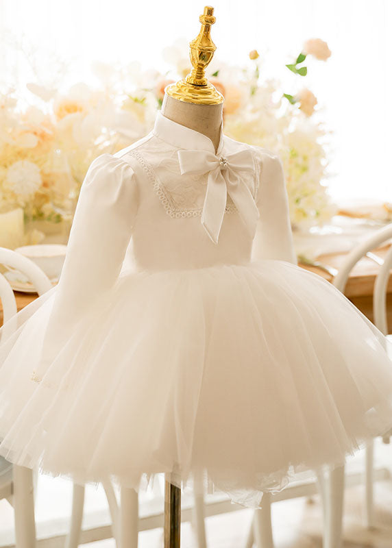 Lovely White Stand Collar Bow Tulle Kids Long Dresses Puff Sleeve YS010