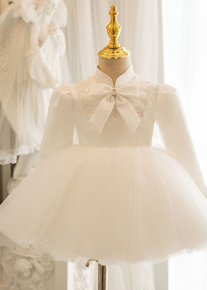 Lovely White Stand Collar Bow Tulle Kids Long Dresses Puff Sleeve YS010
