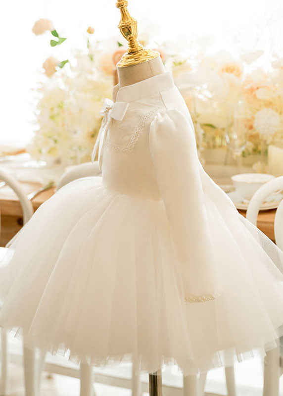 Lovely White Stand Collar Bow Tulle Kids Long Dresses Puff Sleeve YS010