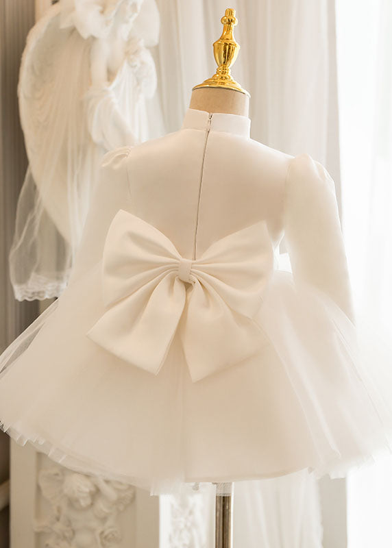 Lovely White Stand Collar Bow Tulle Kids Long Dresses Puff Sleeve YS010