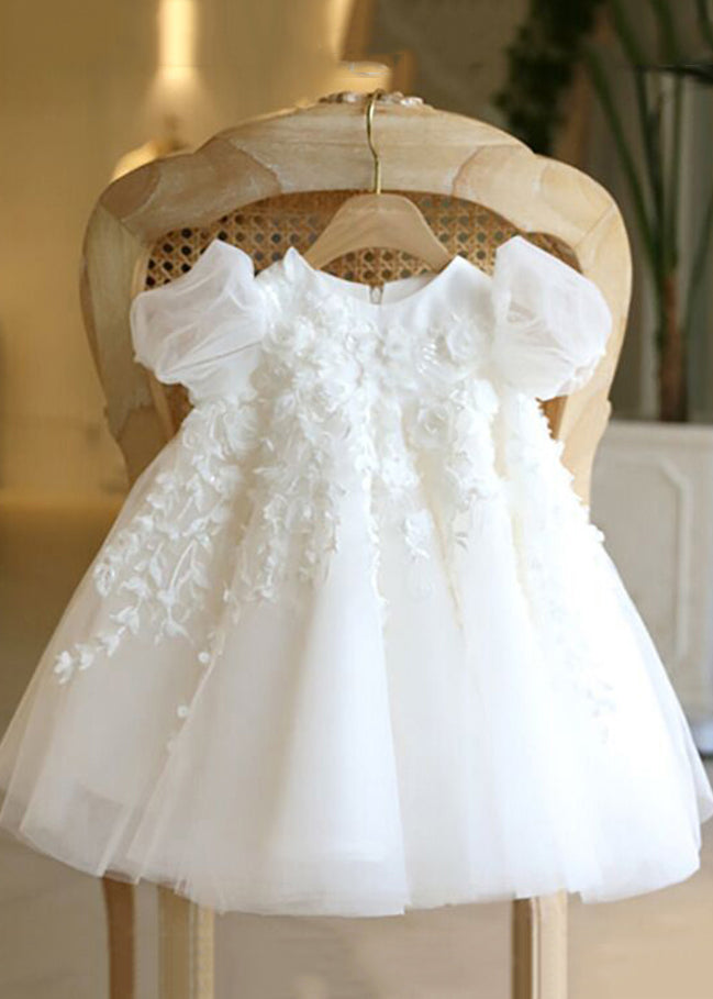 Lovely White Stand Collar Floral Tulle Kids Vacation Maxi Dresses Puff Sleeve YS037