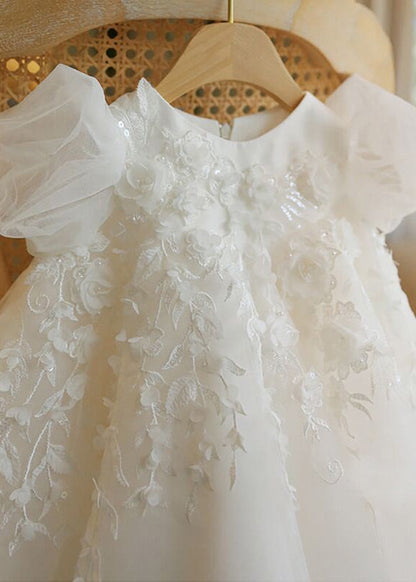 Lovely White Stand Collar Floral Tulle Kids Vacation Maxi Dresses Puff Sleeve YS037