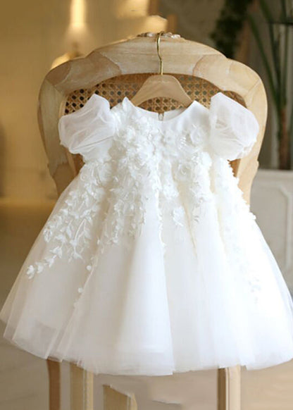 Lovely White Stand Collar Floral Tulle Kids Vacation Maxi Dresses Puff Sleeve YS037