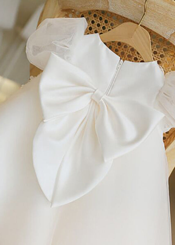 Lovely White Stand Collar Floral Tulle Kids Vacation Maxi Dresses Puff Sleeve YS037