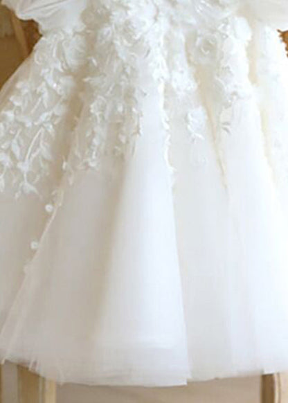 Lovely White Stand Collar Floral Tulle Kids Vacation Maxi Dresses Puff Sleeve YS037