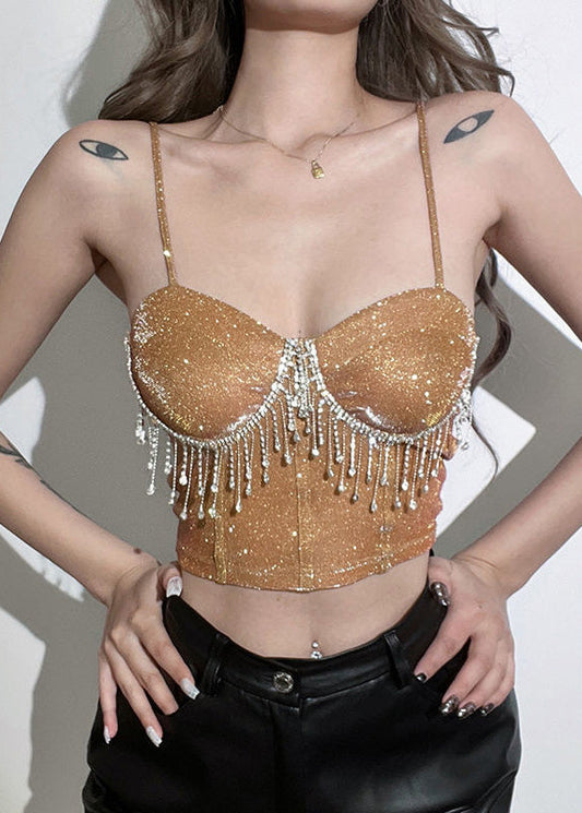 Straight Short Rhinestone Neck Khaki Strap Tassel Luxury