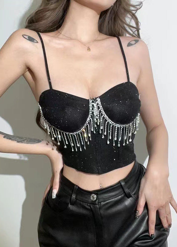 Straight Short Rhinestone Neck Khaki Strap Tassel Luxury