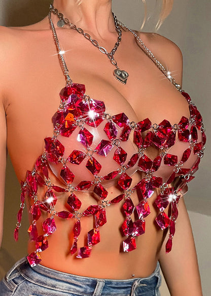 Tank Tassel Luxury Halter Summer Rhinestone Rose