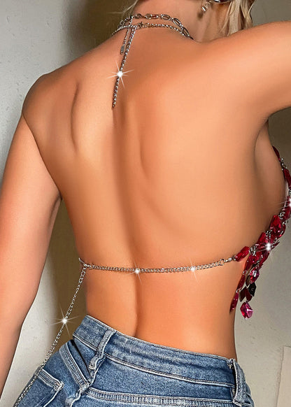 Tank Tassel Luxury Halter Summer Rhinestone Rose
