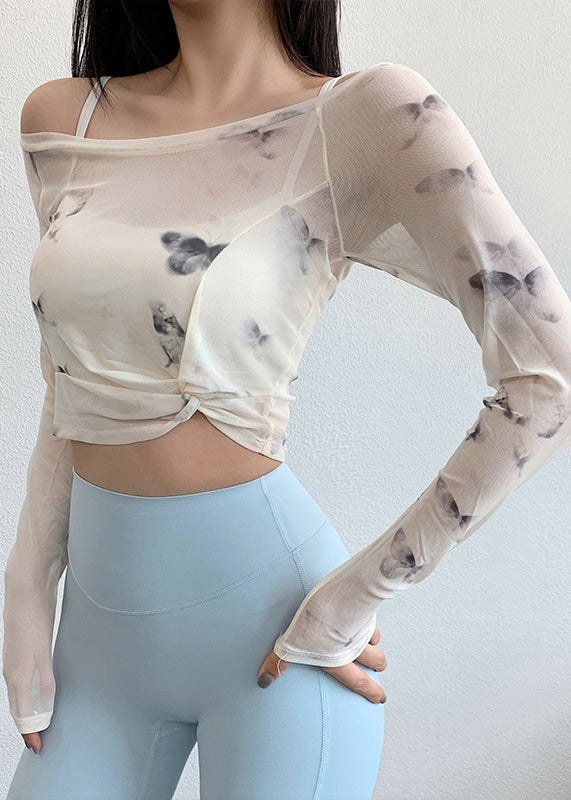 Print Fitting Tops Workout White Luxury Wrinkled Tulle