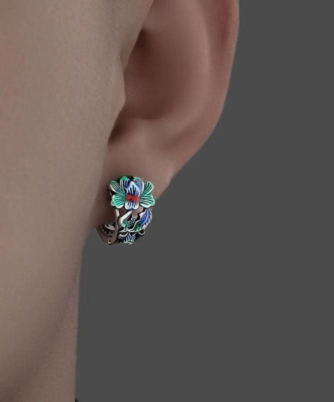 Men Silk Sterling Silver Peony Hoop Earrings TX028