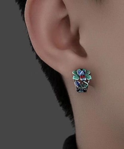 Men Silk Sterling Silver Peony Hoop Earrings TX028