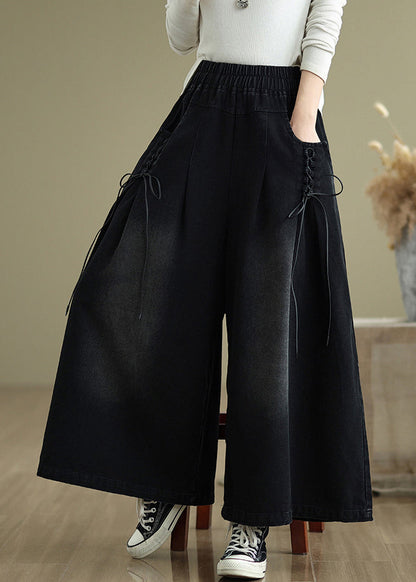 Black Wide Cross Strap Pants Denim Modern Summer Leg