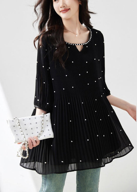 Modern Top O-Neck Sleeve Silk Nail Half Black Bead