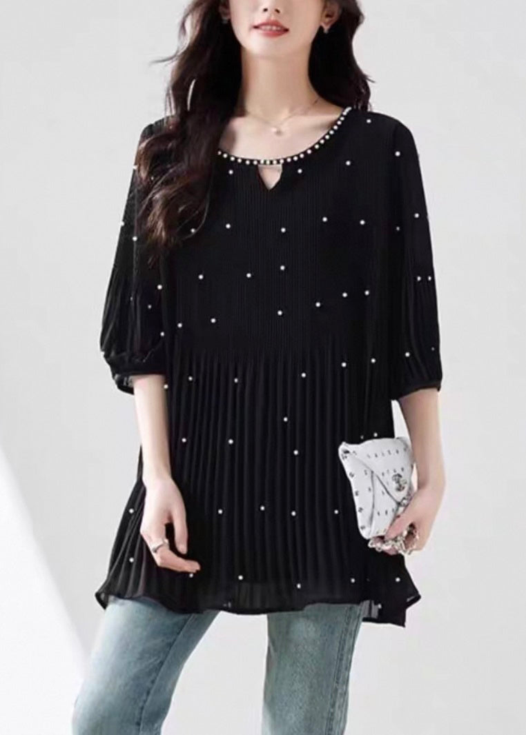Modern Top O-Neck Sleeve Silk Nail Half Black Bead
