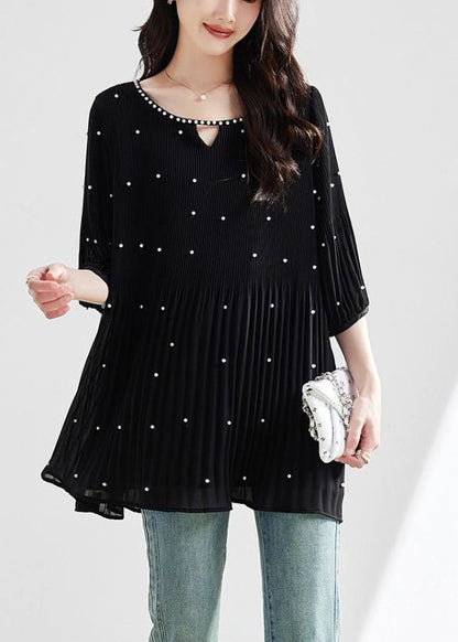Modern Top O-Neck Sleeve Silk Nail Half Black Bead