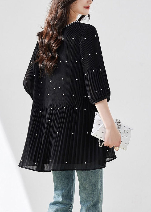 Modern Top O-Neck Sleeve Silk Nail Half Black Bead