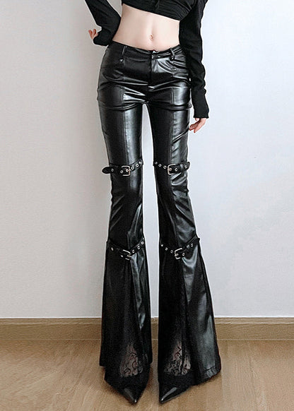 Modern Black Patchwork Lace Faux Leather Flare Bottoms Spring YP010