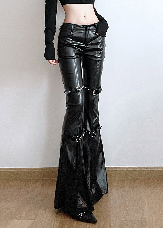 Modern Black Patchwork Lace Faux Leather Flare Bottoms Spring YP010