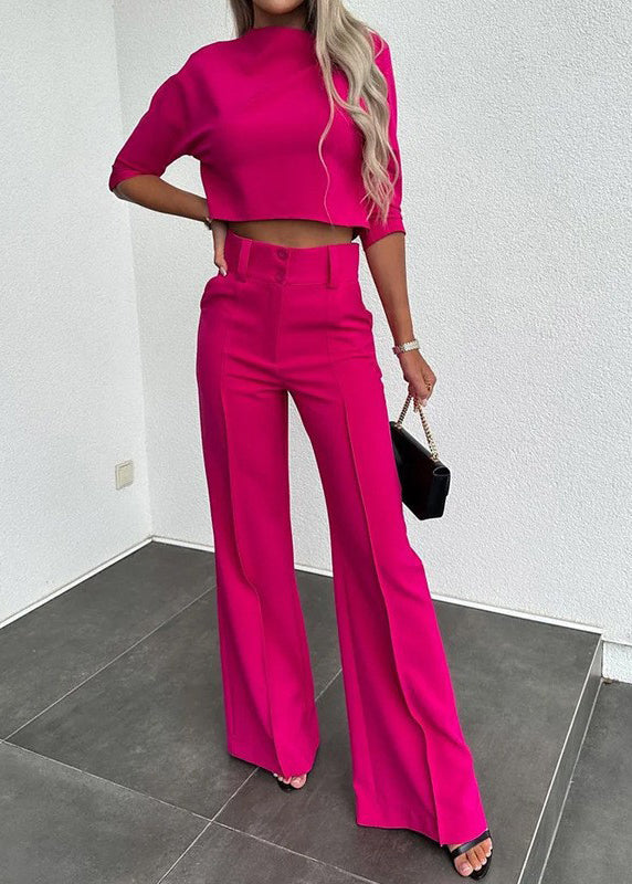 Modern Set Pants Solid And Wide Pieces Leg Black Top Two Fall