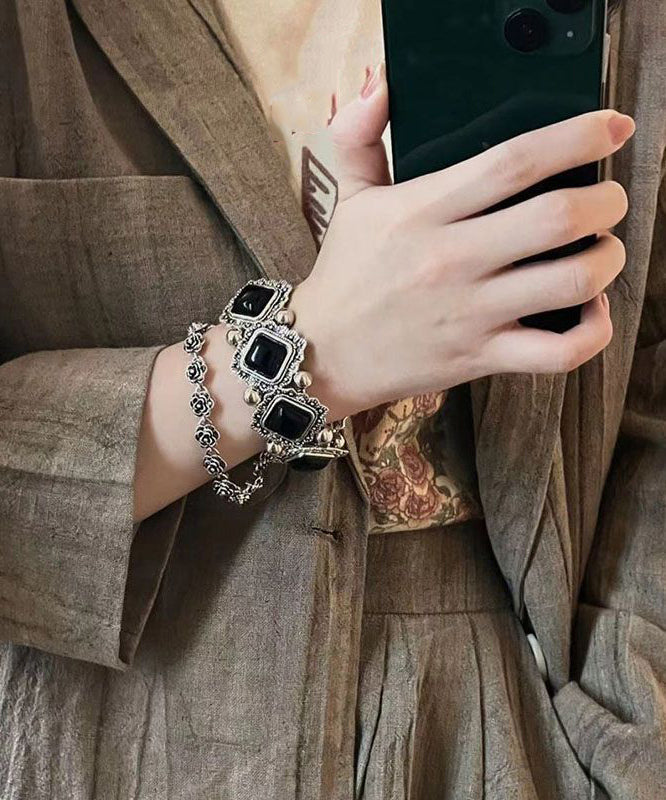 Gem Sterling Silver Stone Modern Two-Piece Black Chain Set Floral