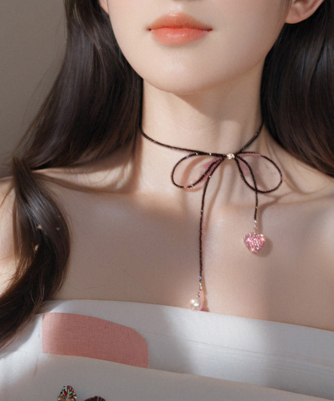 Modern Black Zircon Beading Bow Tie Lace Pearl Love Pendant Necklace YA014