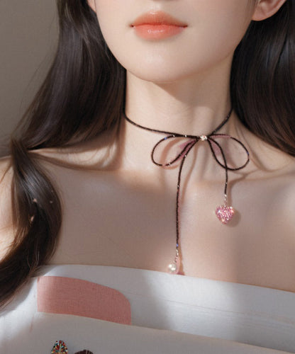 Modern Black Zircon Beading Bow Tie Lace Pearl Love Pendant Necklace YA014