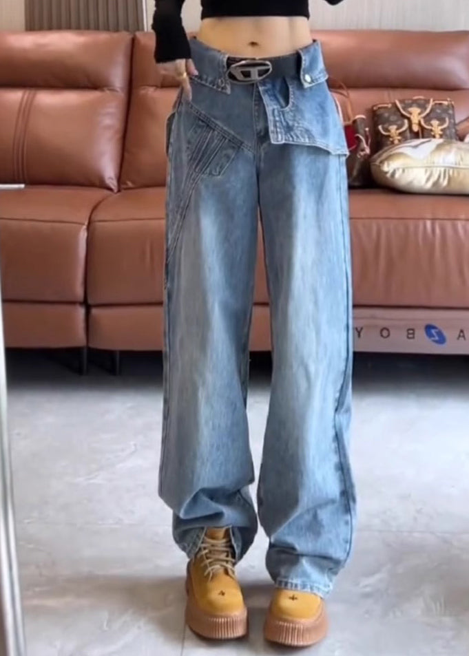 High Blue Waist Pants Spring Asymmetrical Modern Denim