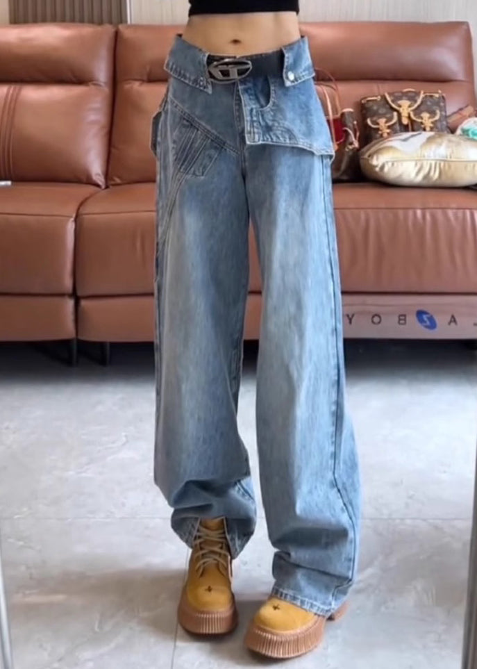 High Blue Waist Pants Spring Asymmetrical Modern Denim