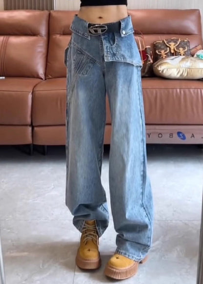 High Blue Waist Pants Spring Asymmetrical Modern Denim