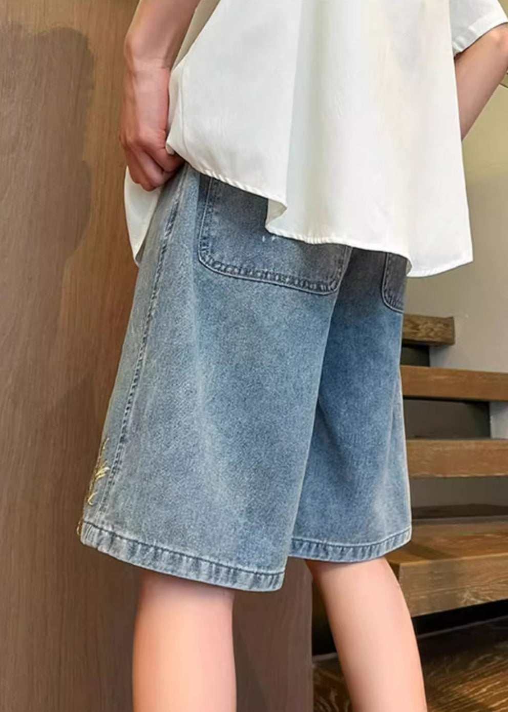 Denim Men Summer Embroideried Blue Modern Waist Elastic Shorts