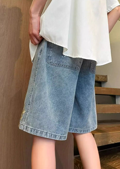 Denim Men Summer Embroideried Blue Modern Waist Elastic Shorts