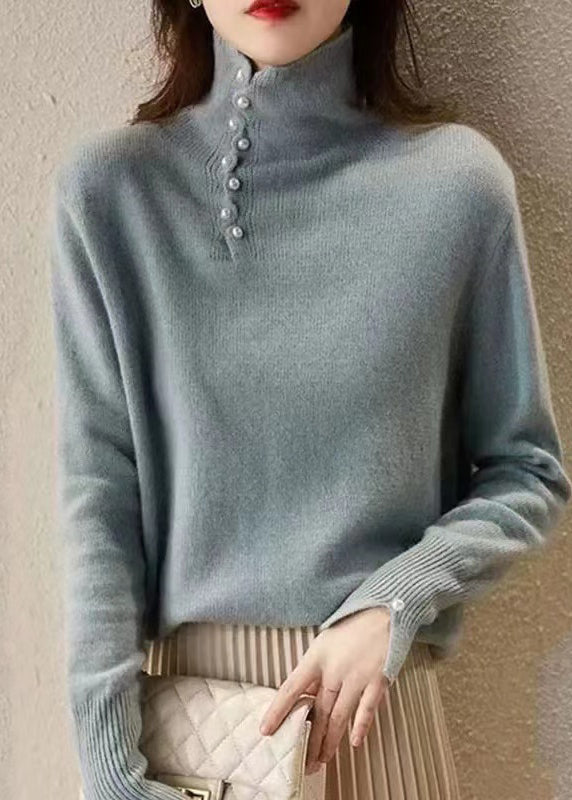 Modern Blue High Neck Nail Bead Knit Top Spring TN017