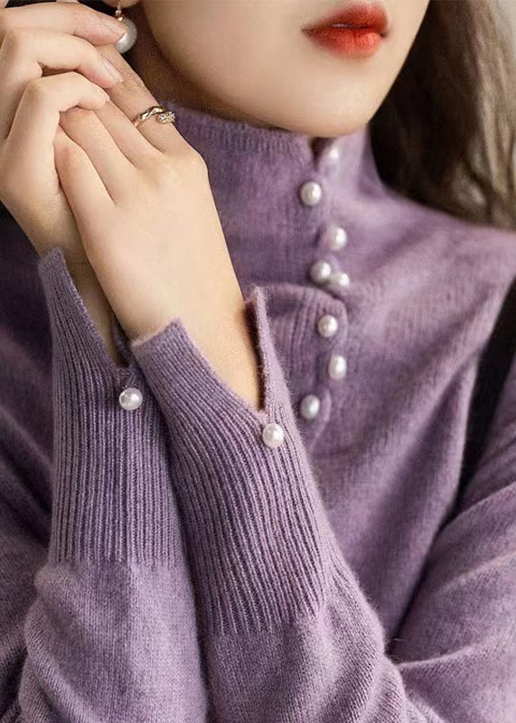 Modern Blue High Neck Nail Bead Knit Top Spring TN017