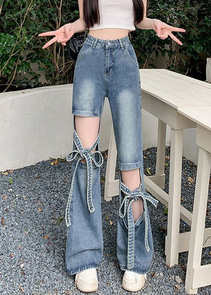 Spring Denim Hollow Pants Modern Blue Lace Out Up