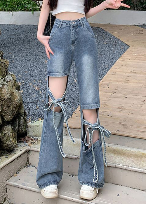 Spring Denim Hollow Pants Modern Blue Lace Out Up