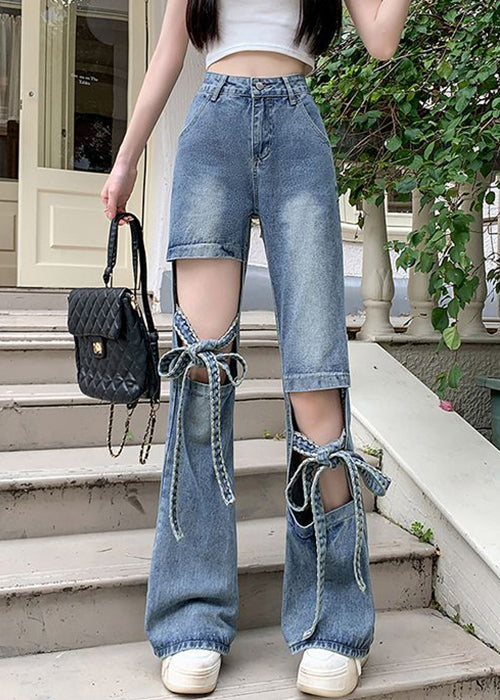 Spring Denim Hollow Pants Modern Blue Lace Out Up