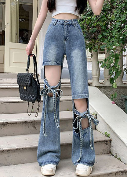 Spring Denim Hollow Pants Modern Blue Lace Out Up
