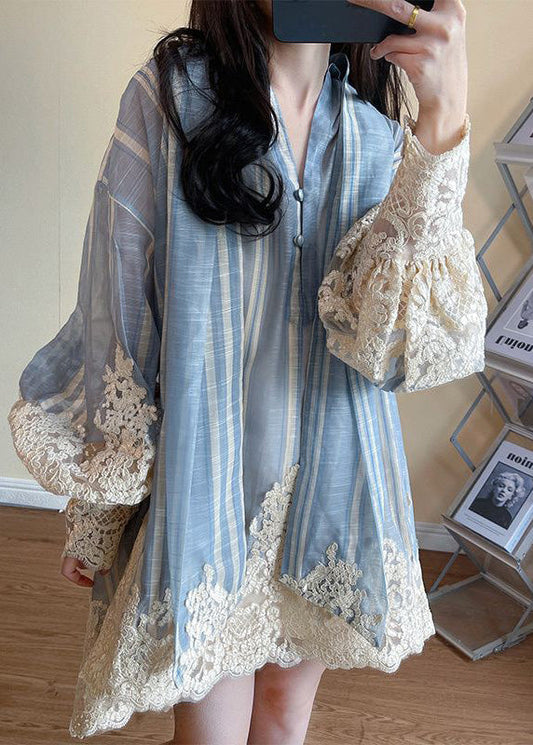 Dress Oversized Shirt Blue Sleeve Patchwork Modern Lantern