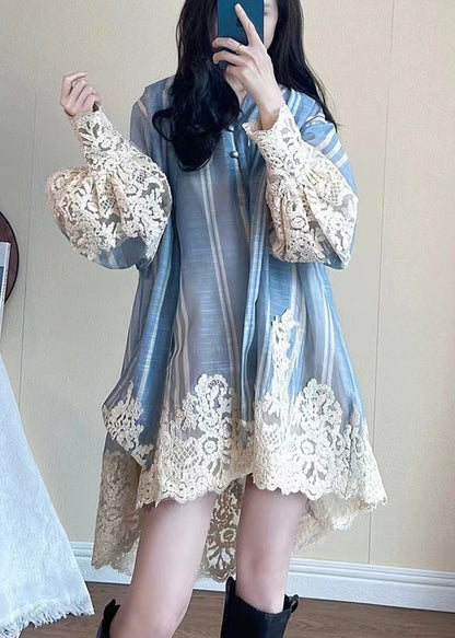 Dress Oversized Shirt Blue Sleeve Patchwork Modern Lantern