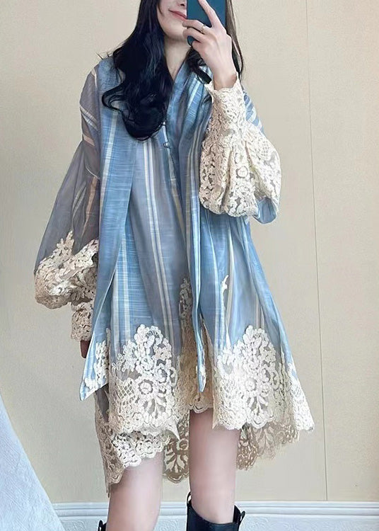 Dress Oversized Shirt Blue Sleeve Patchwork Modern Lantern