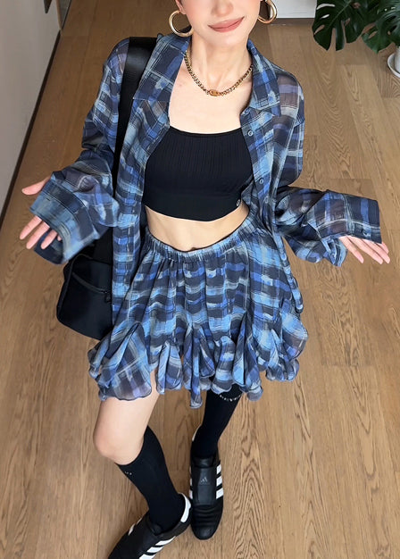 Chiffon Piece Outfits Summer Two Set Blue Plaid Modern Oversized