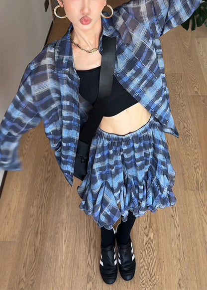 Chiffon Piece Outfits Summer Two Set Blue Plaid Modern Oversized