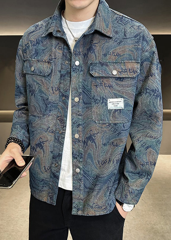 Blue TC050 Denim Spring Modern Button Peter Collar Men Coat Pan