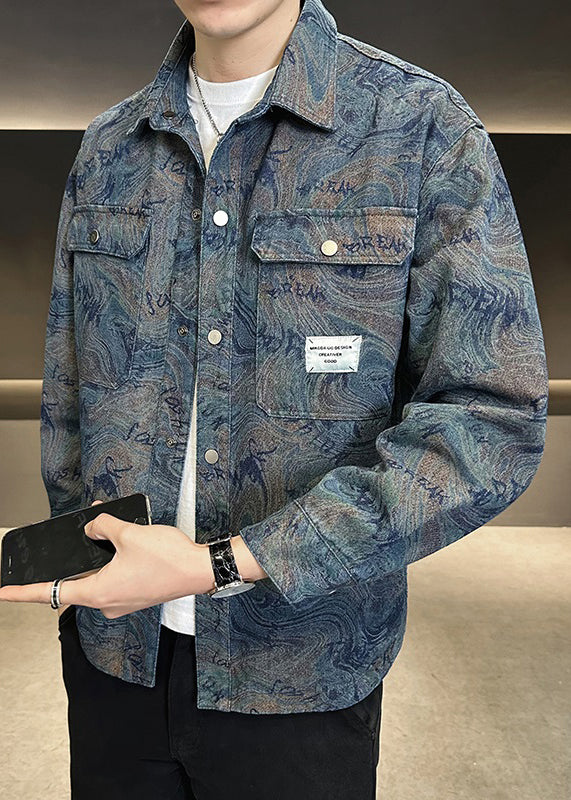 Blue TC050 Denim Spring Modern Button Peter Collar Men Coat Pan