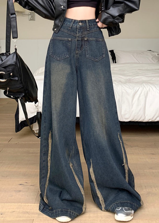 Modern Blue Pockets High Waist Denim Wide Leg Pants Fall PP041
